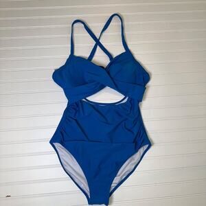 Eomenie Women’s Blue One Piece Swimsuit L Cutout Wrap Tie Back Tummy Control